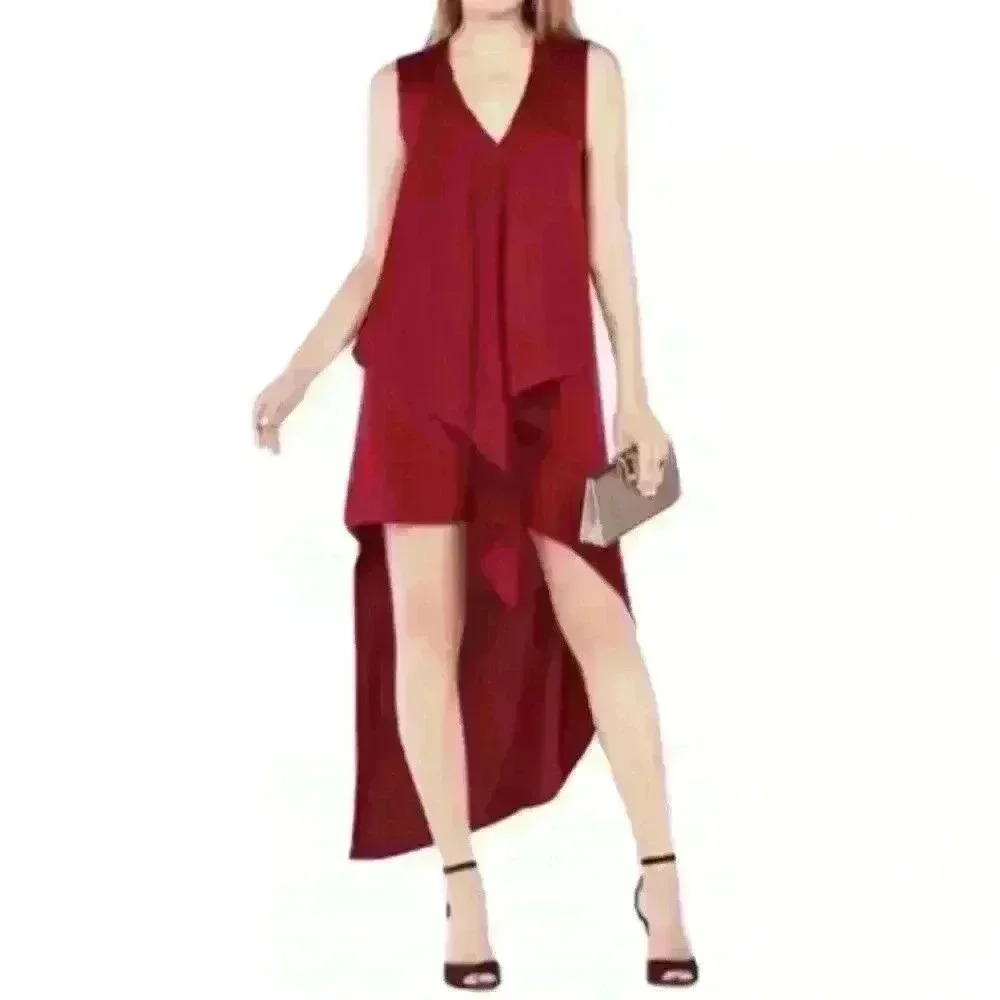 BCBGMAXAZRIA RED FLOWY ASYMMETRICAL Hem